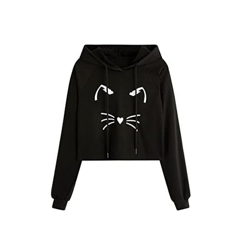 SweatyRocks Women's Long Sleeve Hoodie Crop Top Cat Print Sweatshirt