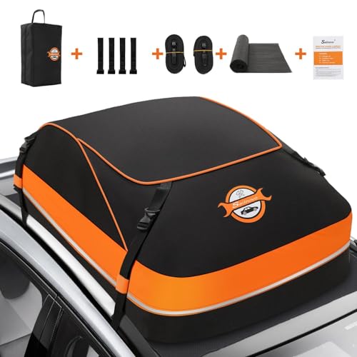 Sailnovo Rooftop Cargo Carrier, 15 Cubic Waterproof Soft-Shell Car Roof Cargo Carrier for Top of Vehicle with/Without Roof Rack, Car Top Carrier with Anti-Slip Mat, Safety Hooks & Storage Bag