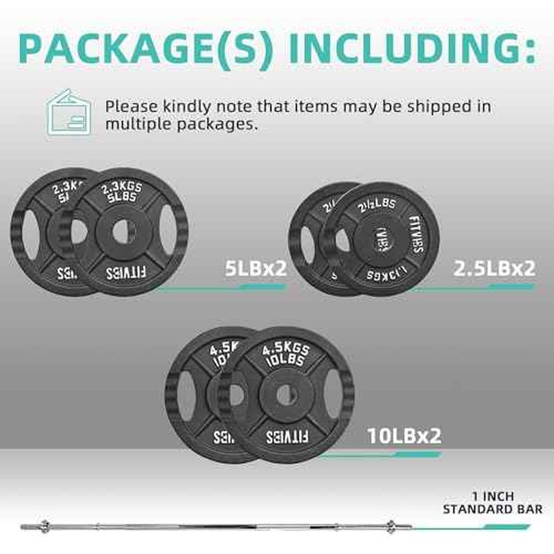 Fitvids Barbell Weight Set, Cast Iron 1" Standard Weight Plates Including 5FT Standard Barbell Bar & Star Locks, 45 Pounds Set (35 Lbs Plates + 10 Lbs Barbell Bar), Multiple Packages
