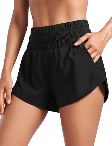 CRZ YOGA High Waisted Dolphin Running Shorts for Womens Mesh Liner Gym Workout Athletic Shorts with Zipper Pocket Black Medium