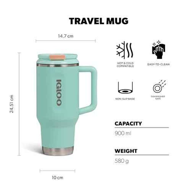 Igloo, 32 oz Tumbler with Handle, Reusable Travel Mug, Stainless Steel Insulated Hydration Cup for Hot & Cold Beverages, Seafoam