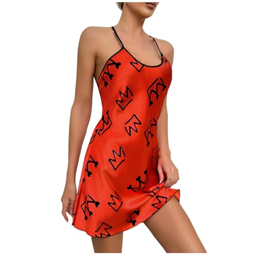 Womens Nightdress Fashion Print Sexy Backless Ice Silk Sling Pajamas Dresses Nightgowns Chemise Sleepwear Lingerie Style001 Red Small