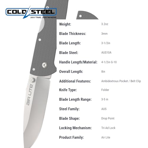 Cold Steel AIR LITE Drop Point / 8" Overall / 3.5" Blade / 3MM Thick / AUS10A / Blister Packed,Black