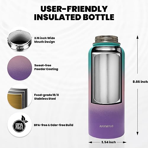 RAYMYLO Insulated Water Bottle 64 oz, Triple Wall Vacuum Stainless Steel (Cold for 48 Hrs), Leak Proof & Non-BPA, Half Gallon Water Flask Jug with Paracord Handle & Straw Spout Lids, White/Black