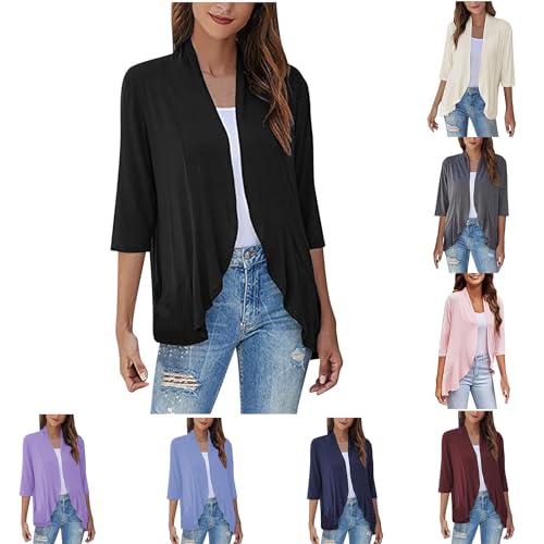 Generic Women's 3/4 Sleeve Cardigan Summer Lightweight Cardigans Solid Draped Front Open Tops Casual Comfy Going Out Shirts Women's Shrug