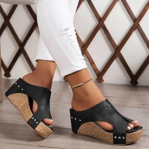 KAPRIOY Womens Sandals Wedge Thick Bottom Studded Comfort Slope Sandals Women Summer Fashion Peep Toe Slip On Slide Slippers