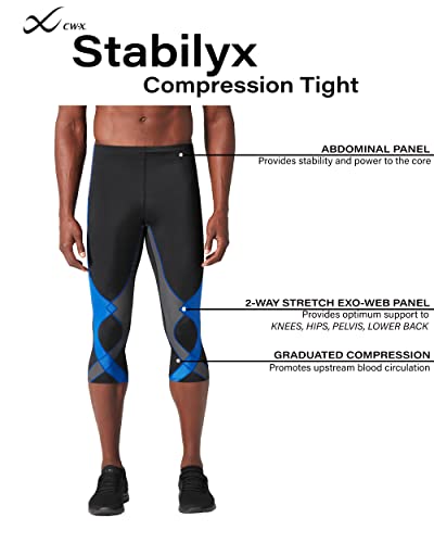 CW-X Men's Stabilyx Joint Support 3/4 Compression Tight, Black/Grey/Blue, Small