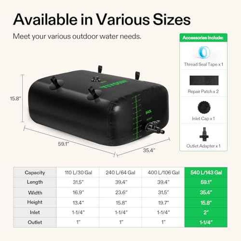 VIVOSUN 540 L/143 Gal Water Bladder, Foldable and Portable Water Storage Bag for RV, Camping, Garden Watering, Agricultural Irrigation, Drought Prevention, Firefighting