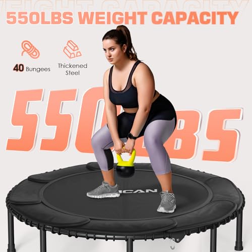 BCAN 48" Foldable Mini Trampoline, Silent Bungee Cord, Stable & Quiet Exercise Rebounder for Kids Adults Indoor/Garden Workout Max 550LBS - Black