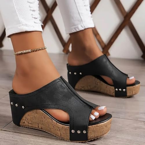 KAPRIOY Womens Sandals Wedge Thick Bottom Studded Comfort Slope Sandals Women Summer Fashion Peep Toe Slip On Slide Slippers