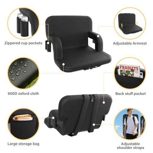 Stadium Seats with Back Support - Portable Bleacher Chairs with Back and Cushion, 6 Adjustable Positions Pdded Bleacher Seat for Sport Events Camping Fishing