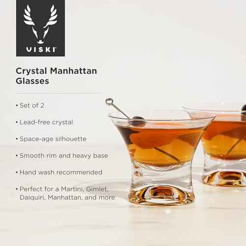 Viski Heavy Base Stemless Manhattan Glasses Set of 2 - Premium Crystal Cocktail Glass, Stemless Martini Glasses, Cocktail Glass Gift Set, 7 oz