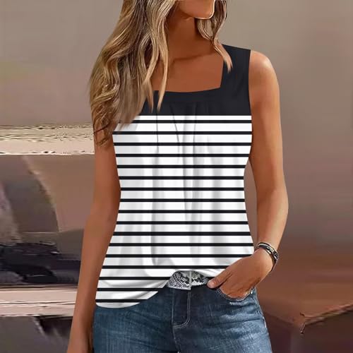 Womens Sleeveless Shirt Ladies Tops, Sleeveless Tunic Party Summer Tank Tops Ladies Classic Soft Trendy Stripes Tank Tops Comfy Camisole Square Neck Blouse Black