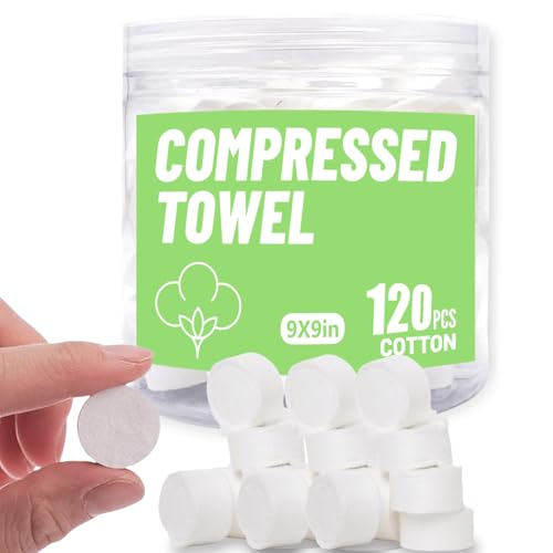 Compressed Towels Travel Size | Hypoallergenic Cotton Wet Wipes for Sensitive Skin | Unscented Face & Body Cleansing Cloths for Adults & Baby | Portable Gym Camping Makeup (White-120, M)