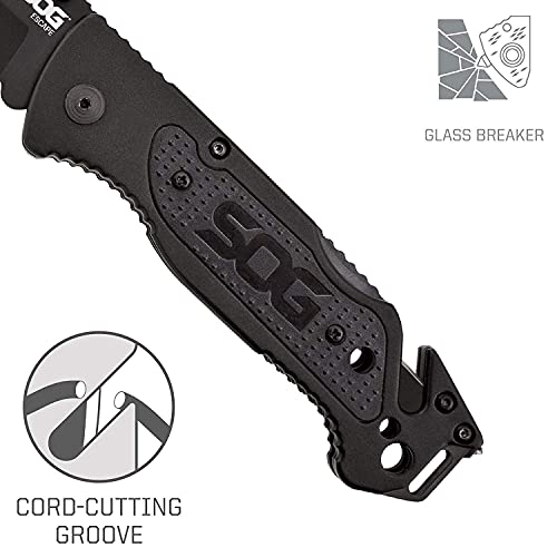 SOG Escape Tactical Folding Knife- 3.4 Inch Serrated Edge Blade Emergency Pocket Knife with Glass Breaker, Wire Stripper and Line Cutter Blades-Black (FF25-CP)