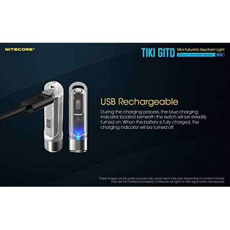 Nitecore Tiki GITD Blue Keychain Flashlight with UV & High CRI Light, 300 Lumen Everyday Carry EDC USB-C Rechargeable with Charging Cable
