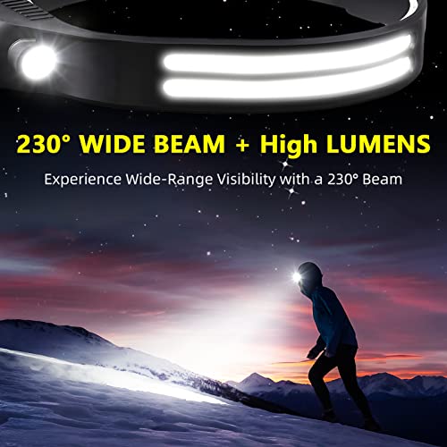 LED Headlamp Rechargeable - 230° COB Super Bright Head Lights for Forehead, Hard hat Light for Adults, USB C Headband Flashlight for Working, Hiking, Running, Camping Essentials Accessories Gear