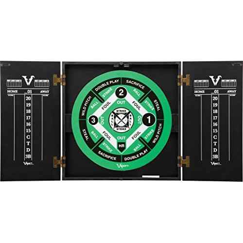 Viper Hideaway Dartboard Cabinet Set with Steel-Tip Dart Board, Reversible Board with Baseball Game Option, Two Sets of Darts, Chalk Scoreboards, and Matte Black Finish