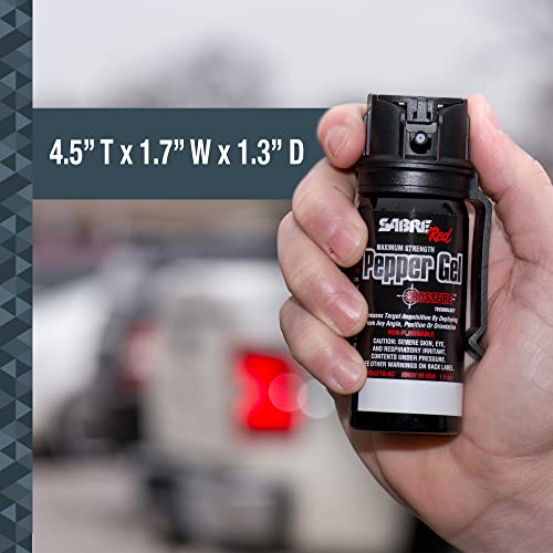 SABRE Crossfire Pepper Gel for Self Defense, Deploys At Any Angle, Maximizes Target Acquisition Against Threats, Easy Carry Belt Clip, Safety Flip Top, Max Police Strength Pepper Spray, 1.5 fl oz