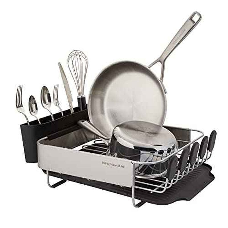 KitchenAid Compact, Space Saving Rust Resistant Dish Rack with Removable Flatware Caddy and Angled Self Draining Drainboard, 16.06-Inch, Black