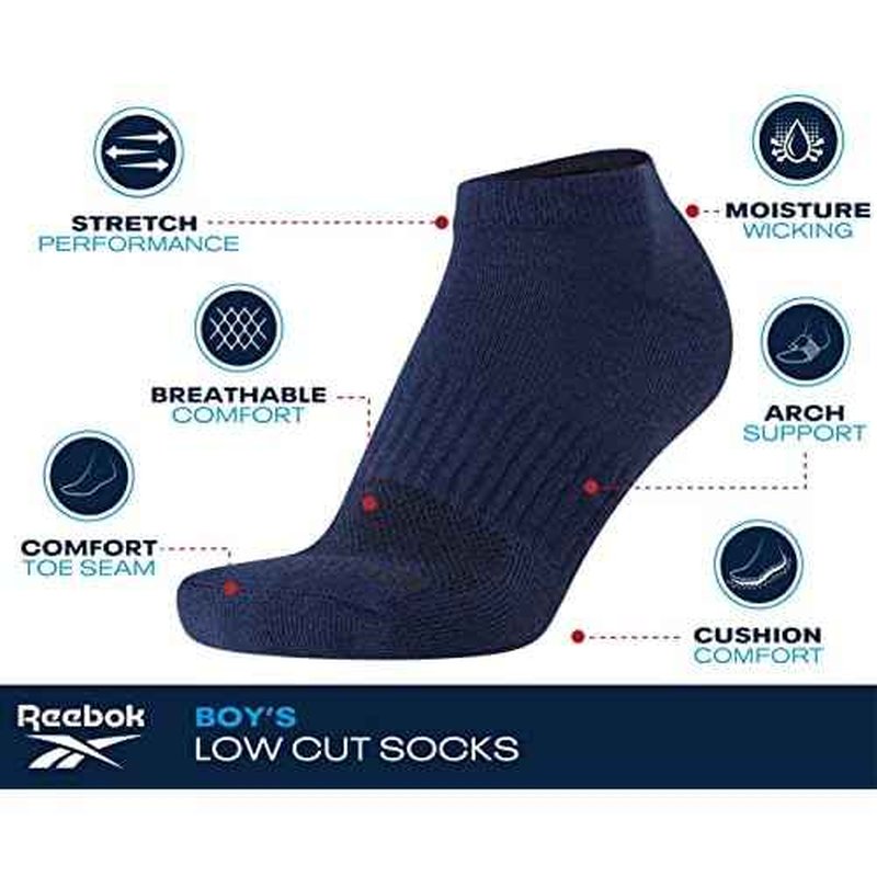 Reebok Boys' Ankle Socks - 6 Pack Moisture-Wicking Low Cut Athletic Low Cut Socks for Boys with Arch Support (Sizes: S-L)