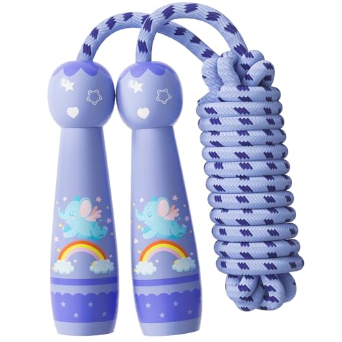 Jump Rope for Kids-Adjustable Cotton Braided Skipping Rope with Wooden Handle for Toddler Fitness Workout Exercise Outdoor Activity