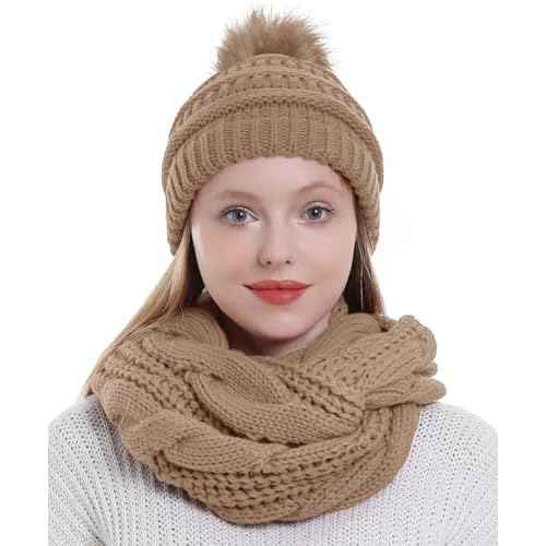 Double Couple Winter Scarf and Hat Set for Women Thick Cable Knitted Circle Loop Infinity Scarfs and Warm Beanie Hat