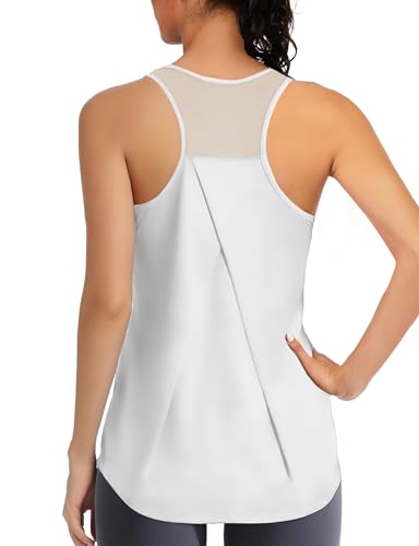 AURUZA Workout Tops for Women, Racerback Tank Tops for Women Athletic Tank Tops Mesh Yoga Shirts Running Sleeveless Gym Cloth (White, XL)