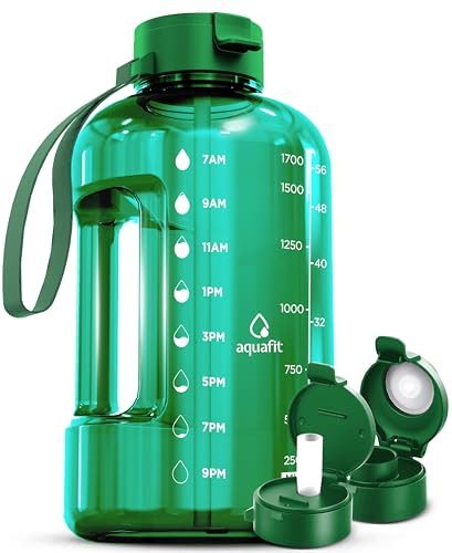 AQUAFIT 64 oz Water Bottle with Time Marker - Straw & Chug Lid - BPA Free Half Gallon Water Bottle, Big Water Bottle with Straw - Gym Water Bottle with Handle, Gallon Water Jug (Green, 64 oz)