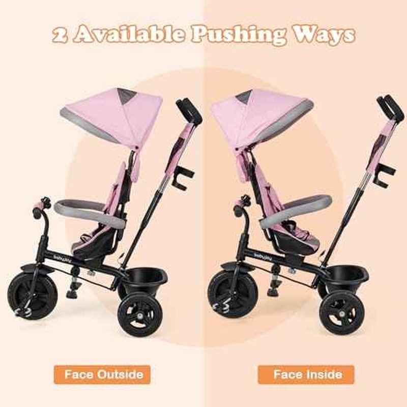 BABY JOY Tricycle, 4 in 1 Toddler Bike w/Removable Canopy, Adjustable Push Handle, Reversible Seat, Safety Belt, Folding Footrest & Storage Basket, Toddler Tricycle for Boys Girls 9-60 Months (Pink)
