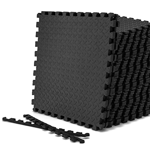 Tangkula 48 Tiles Exercise Flooring Mats with Border, Non-Slip EVA Foam Protective Mats, Elastic Puzzle Play Mats, 1/2" Interlocking floor Mats for Home Gym, Fitness Room, Workshop Equipment(Black)