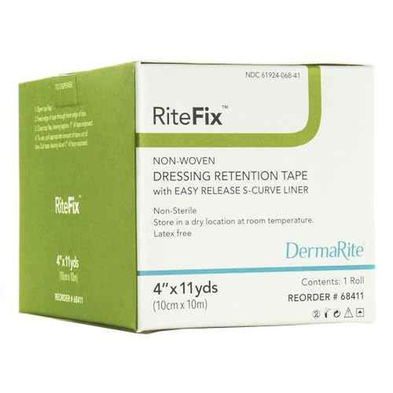 DermaRite's RiteFix Non-Woven Dressing Retention Tape - Hypoallergenic Adhesive, Easy Release S-Curve Liner - 4 in. x 11 yds., 1 Roll