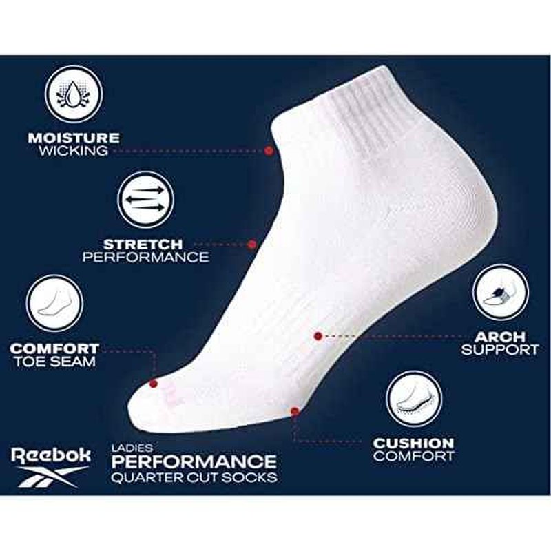 Reebok Womens Comfort Cushioned Athletic Quarter Cut Socks (6 Pack)