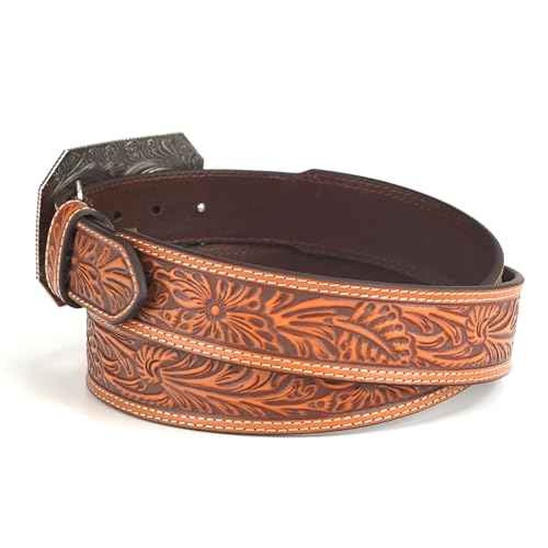 ARIAT Men's Raised Logo Floral Embossed Tapered Leather Belt