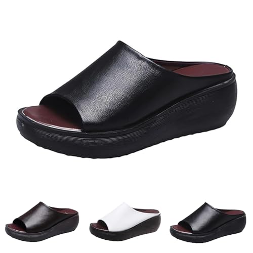 WUIJHIKC Orthopedic Sandals for Women, 2024 Summer Comfortable Orthotic Leather Wedges Slides Dressy Platform Heel Arch Support Slip Sandals, Orthopedic Sandals Chic and Comfortable (Black,4)