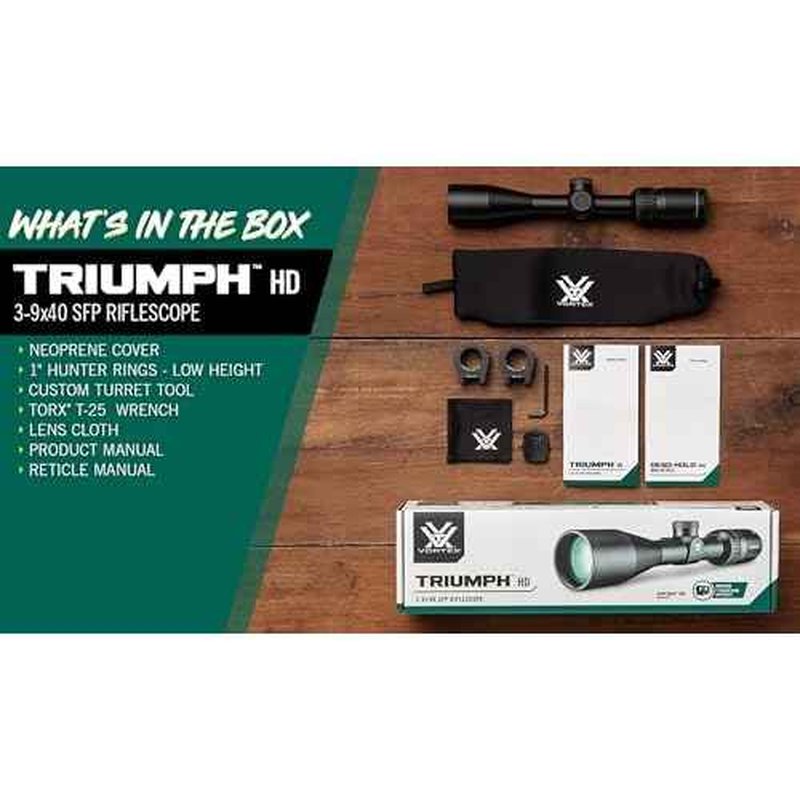 Vortex Triumph HD 3-9x40 Second Focal Plane, 1-inch Tube Riflescope Kit - Dead-Hold BDC (MOA) Reticle, 1" Hunter Rings - 0.90" Low Height, Neoprene Cover