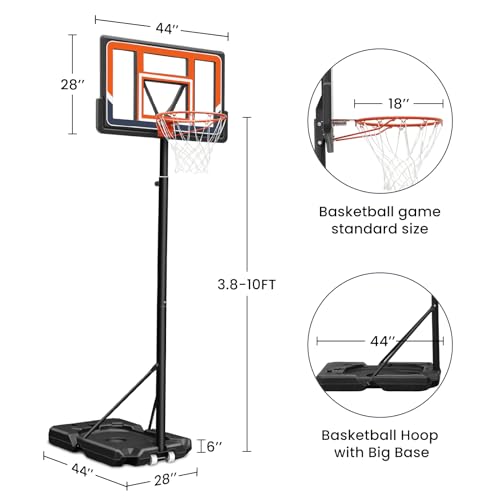 Basketball Hoop Outdoor 3.8-10 ft Adjustable, Swimming Pool Basketball Goal System for Kid Youth and Adult in Backyard Driveway Indoor, Portable 44 Inch Backboard and Larger Base (Orange)