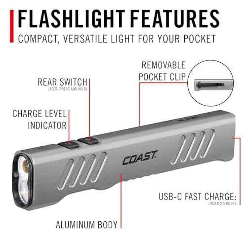 Coast Slayer Laser 1000 Lumen USB-C Rechargeable LED Flashlight with Pocket Clip - 5 mW Laser, 650 nm Wavelength