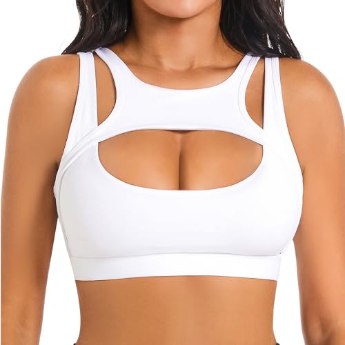 Push up Sports Bra for Women Sexy Hollow Crop Tops with Removable Cups Yoga Workout Fitness Yoga Bra Medium Support White X-Large