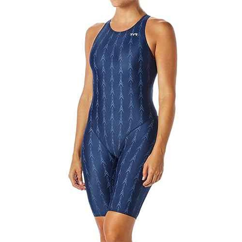 TYR Women's Solid Fusion 2 Open Back Swimsuit - U12 Compliant, Navy, 24