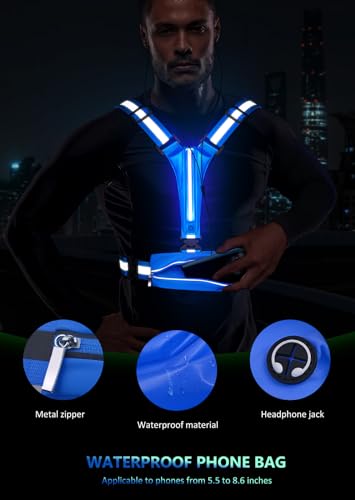 Ylzzrs LED Reflective Vest Running Gear, USB Rechargeable Light Up Running Vest Chest Phone Holder for Runners Night Walking,6-11hrs Light Adjustable Waist/Shoulder for Women Men Kids (Black)