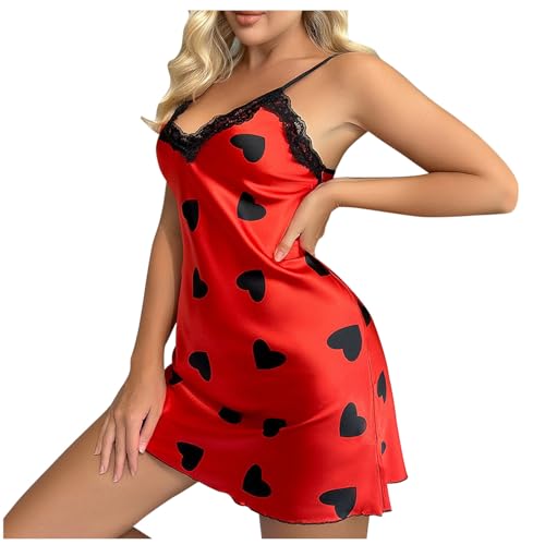 Womens Nightdress Fashion Print Sexy Backless Ice Silk Sling Pajamas Dresses Nightgowns Chemise Sleepwear Lingerie Style002 Red Small