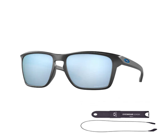 Oakley Sylas OO9448 944817 57MM Matte Black/Prizm Deep Water Polarized Rectangular Sunglasses for Men + BUNDLE Accessory Leash + BUNDLE with Designer iWear Eyewear Kit