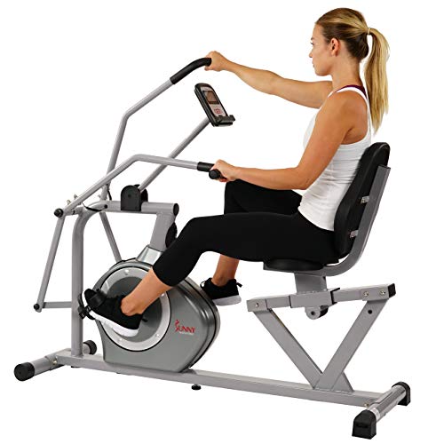 Sunny Health & Fitness Compact Performance Recumbent Bike with Dual Motion Arm Exercisers, Quick Adjust Seat & Exclusive SunnyFit® App Enhanced Bluetooth Connectivity - SF-RB420032 Gray