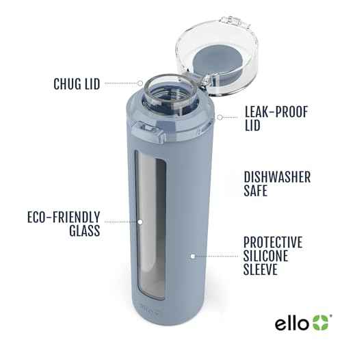 Ello Syndicate 20oz Reusable Glass Water Bottle with One-Touch Leak Proof Flip Lid, Protective Non-Slip Silicone Sleeve, Carry Loop for Coffee, Tea and Water, BPA-free, Dishwasher Safe, Tech Blue