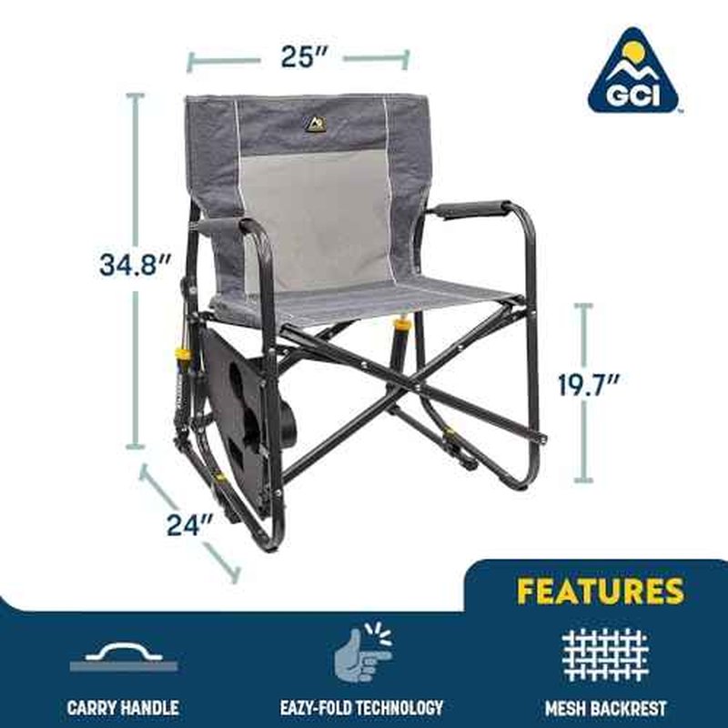 GCI OUTDOOR Freestyle Rocker with Side Table Camping Chair | Portable Folding Rocking Chair with Solid, Durable Armrests, Drink Holder & Comfortable Backrest ? Heathered Indigo