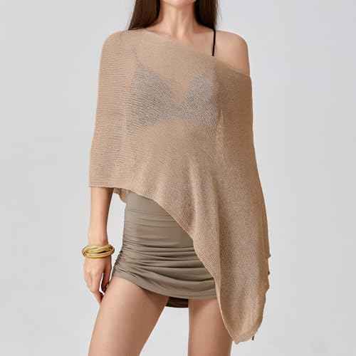 Women Sheer Knit Poncho Y2k See Through Shrug Crochet Mesh Cover Up Lightweight Asymmetrical Beach Shawl Cape Top
