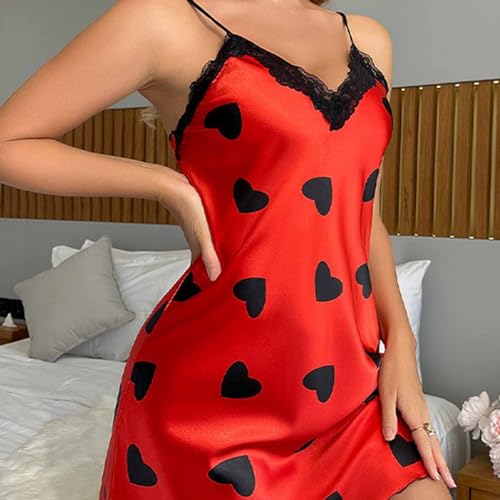 Womens Nightdress Fashion Print Sexy Backless Ice Silk Sling Pajamas Dresses Nightgowns Chemise Sleepwear Lingerie Style002 Red Small