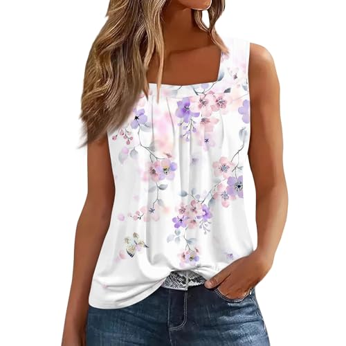 Tank Tops for Women 2024 Ladies Casual Cotton Shirts Summer Loose Fit Tank Tops Sleeveless Square Neck Tops Cute Oversized Graphic Tees Dressy Work Blouses Fashion Vintage Tanks(F-Light Purple,Large)