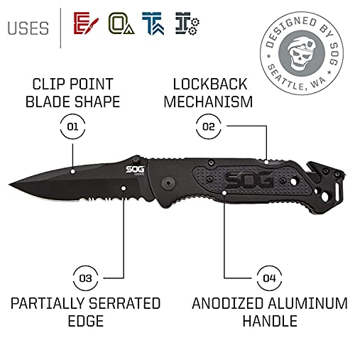 SOG Escape Tactical Folding Knife- 3.4 Inch Serrated Edge Blade Emergency Pocket Knife with Glass Breaker, Wire Stripper and Line Cutter Blades-Black (FF25-CP)